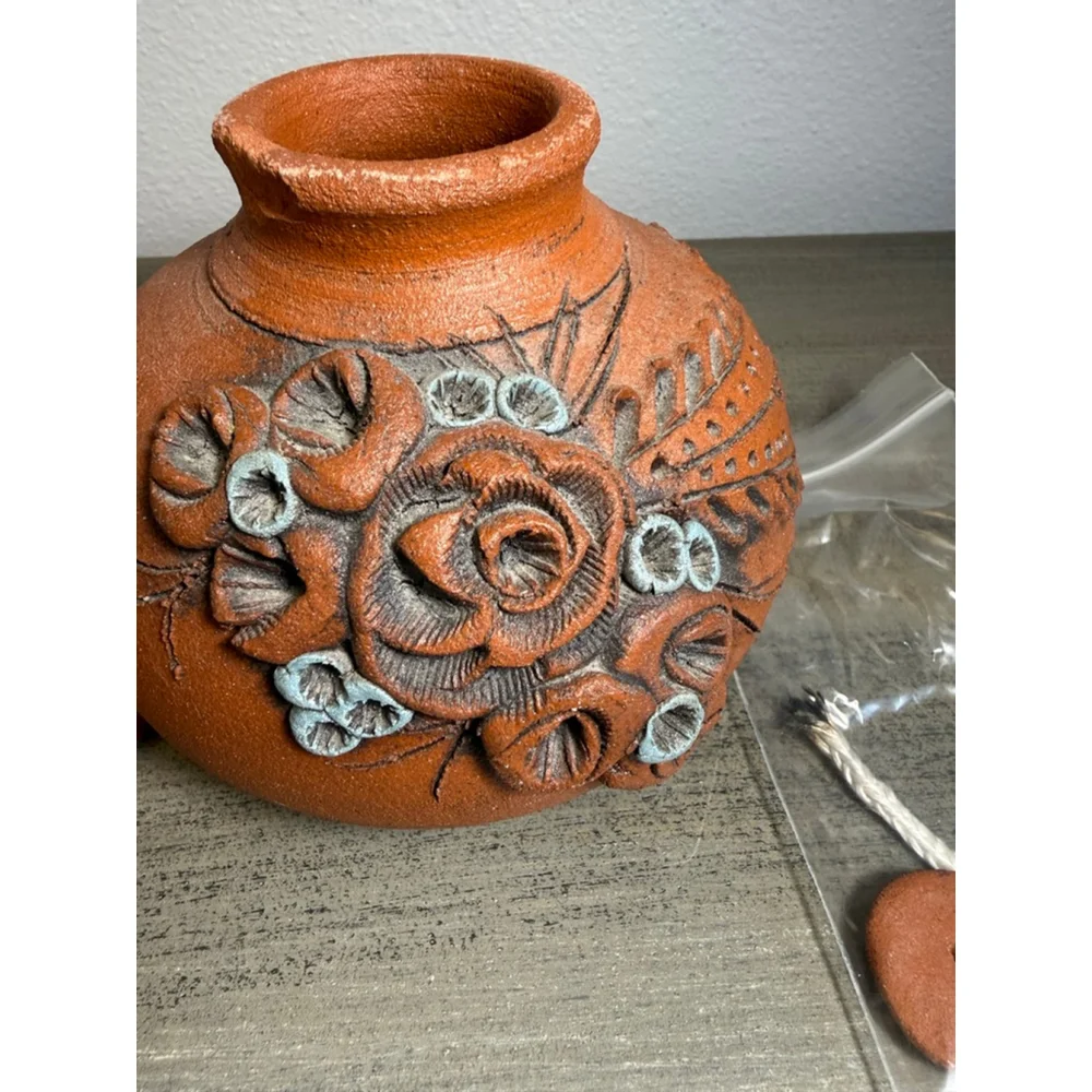Signed Studio Pottery Oil Lamp 2001 Handmade Terracotta Floral – Decorative Only
